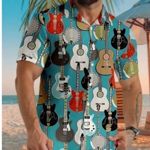 Guitar Graphic Men's Dress Shirt Button Front Short Sleeve Music Instrument
